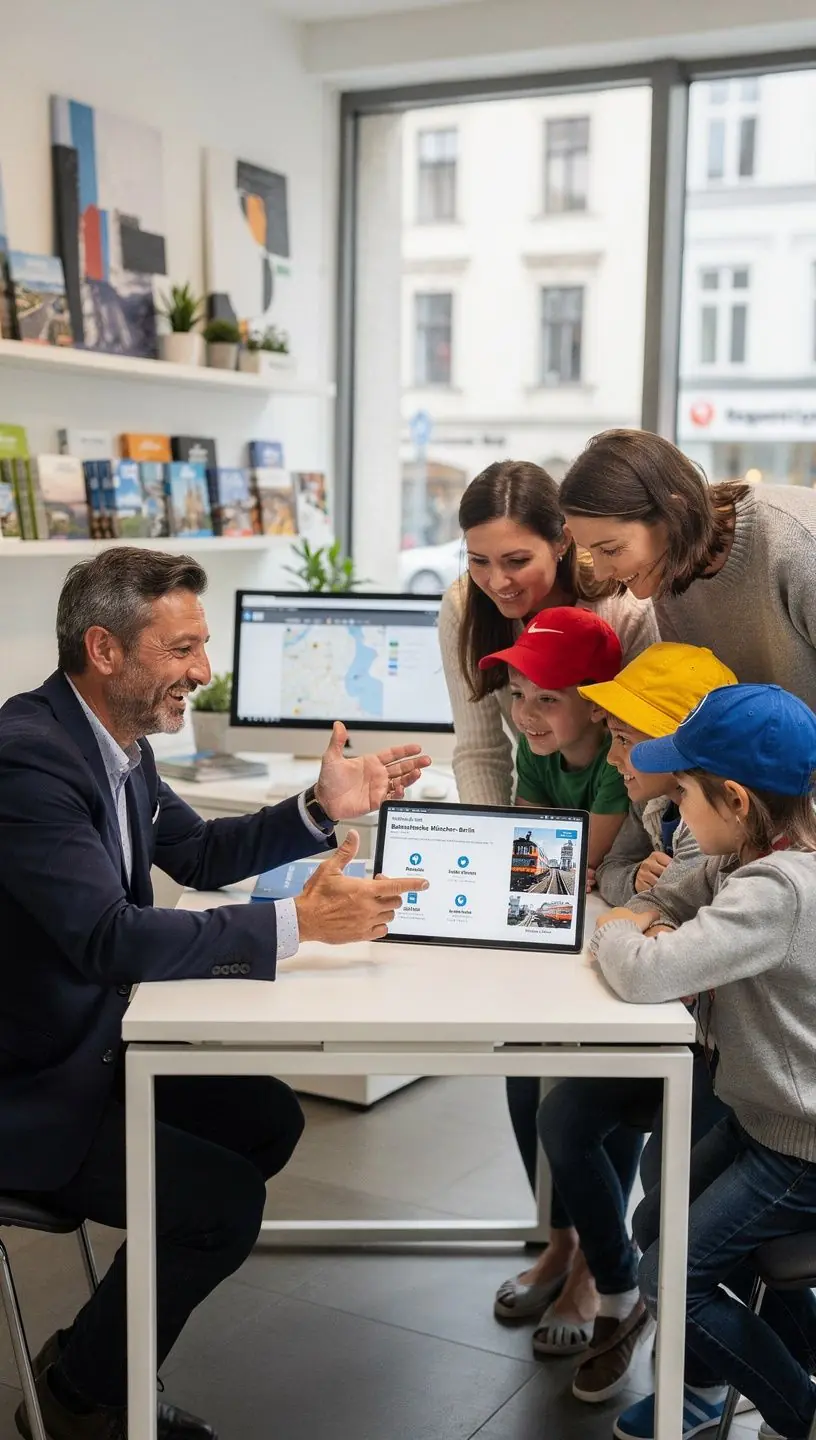Tourist genießt eine geführte Stadttour mit historischen Gebäuden im Hintergrund.
