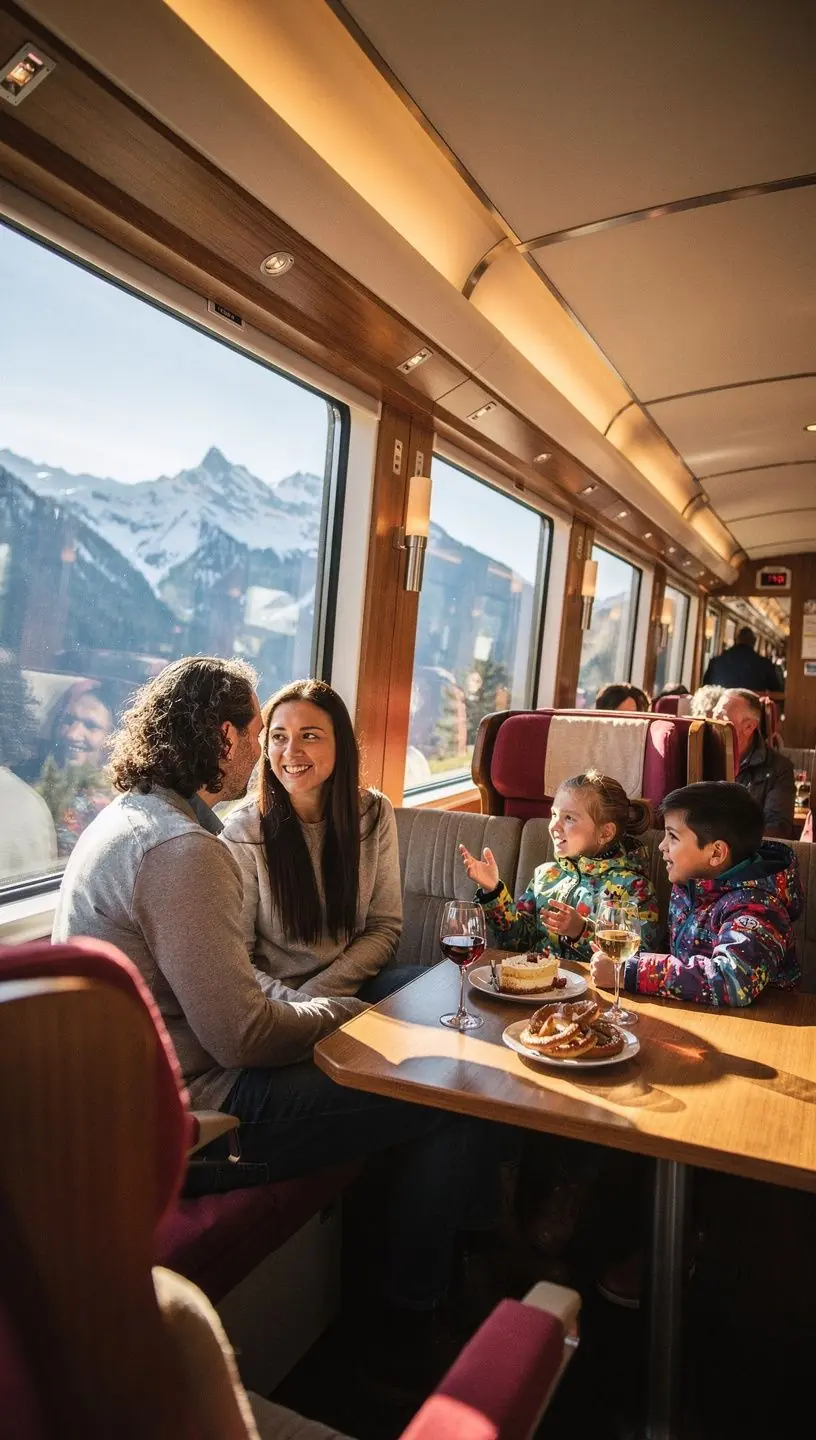 Panoramablick auf eine deutsche Berglandschaft vom Fenster eines modernen Reisezuges aus.