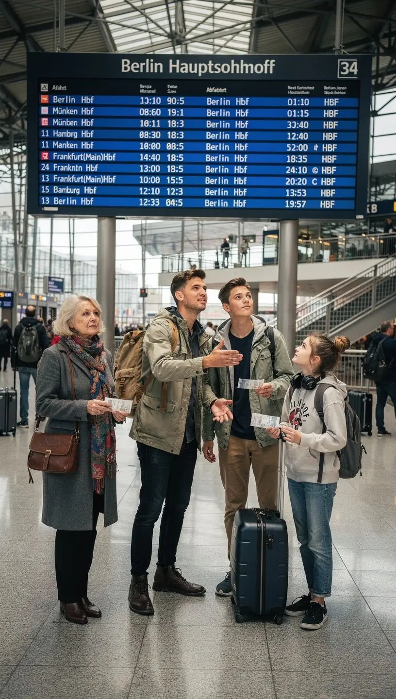 Berater erklärt persönliche Reiseoptionen mit Karte und Zugfahrplan in einem Studio.