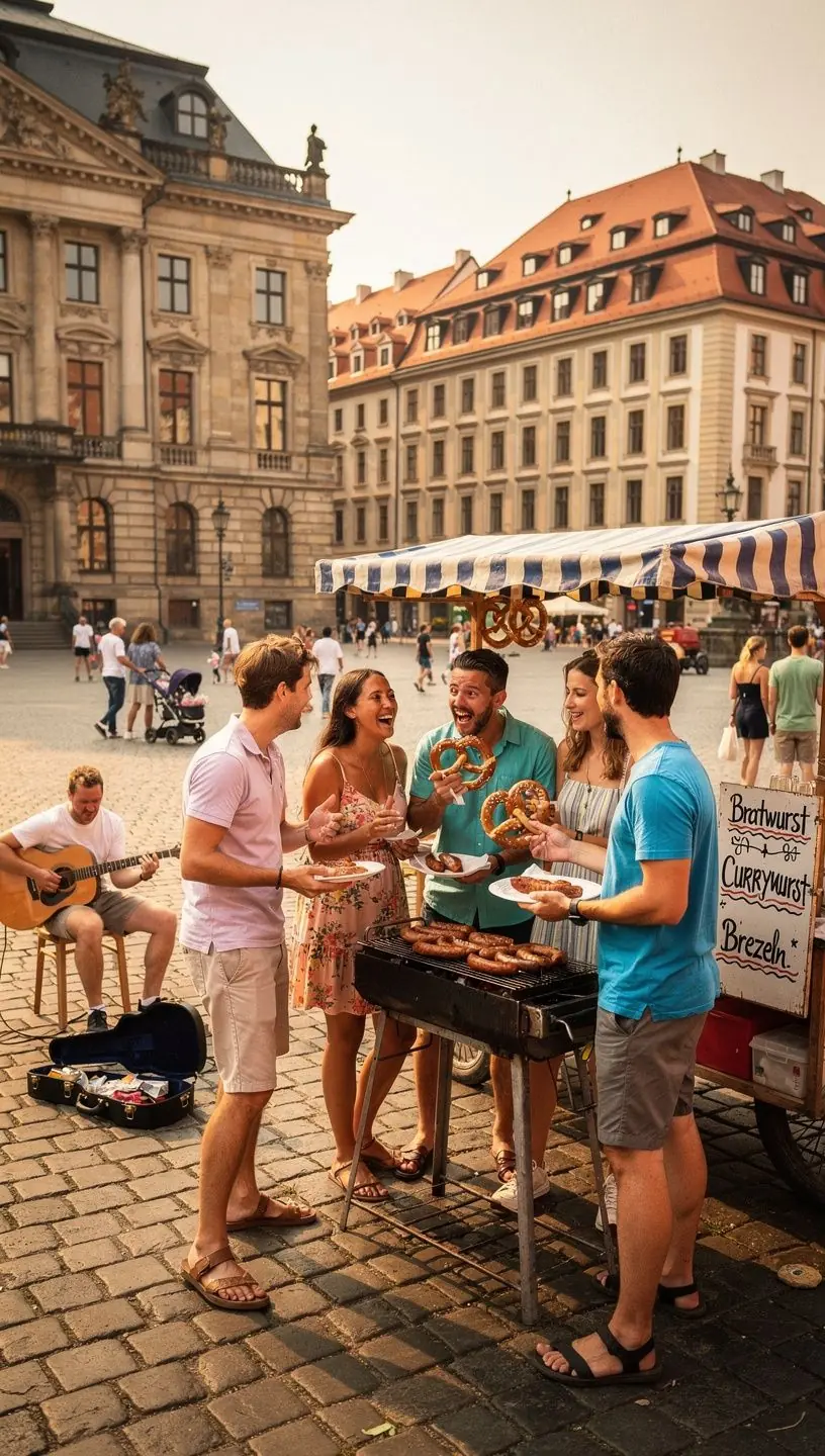Glückliche Reisende steigen in einen historischen Zug vor einer malerischen Altstadt.